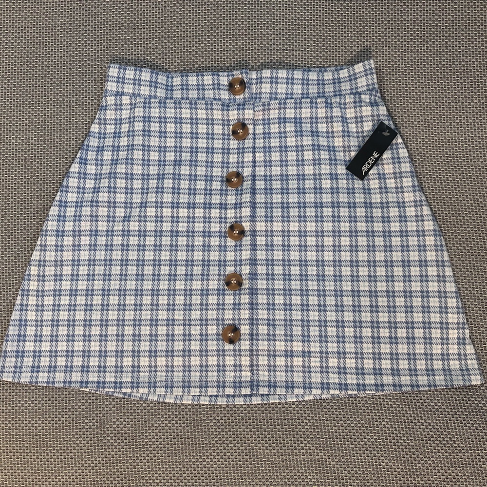 Blue and White Plaid Skirt with Buttons